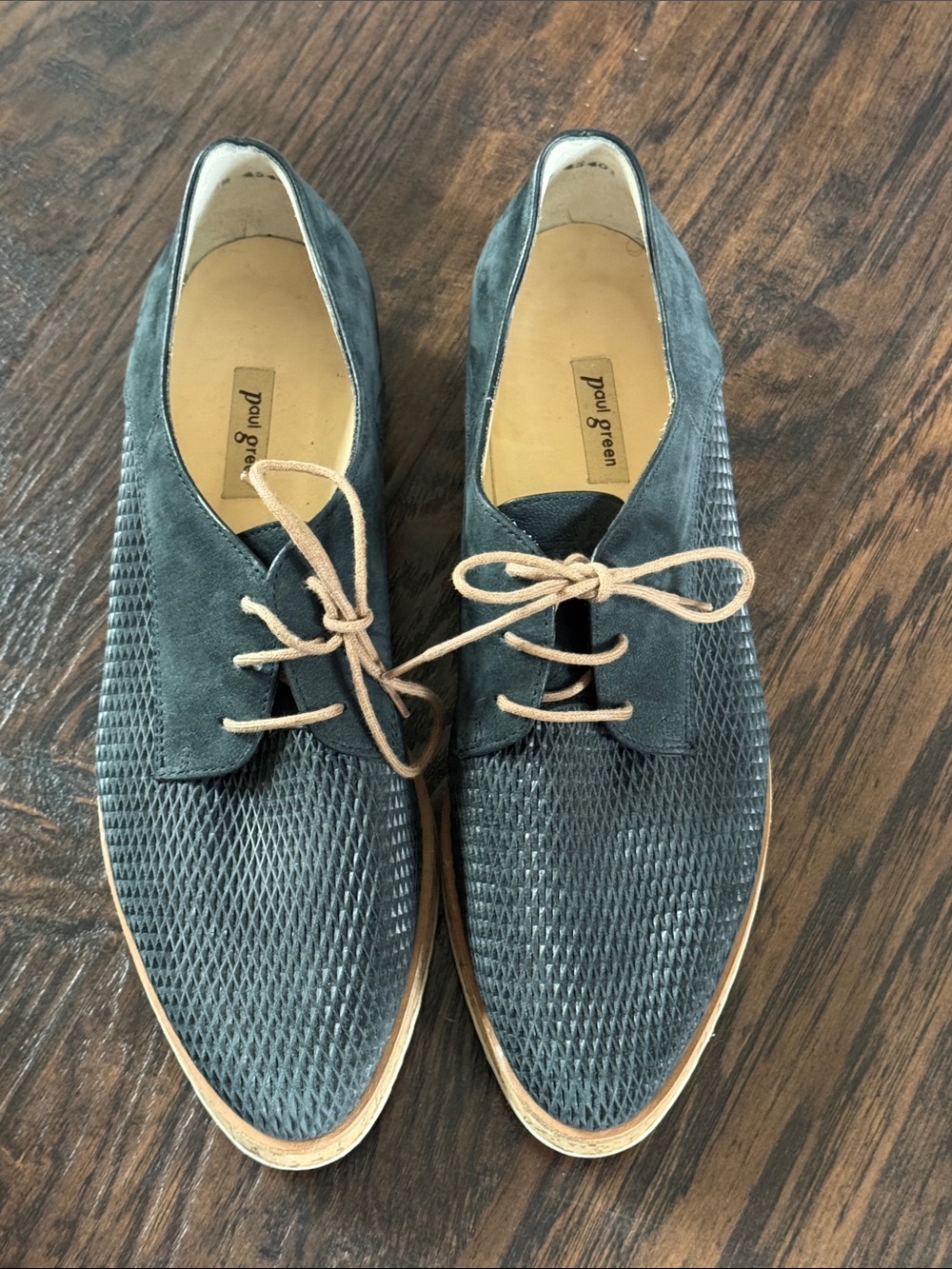 Paul Green Navy Textured Suede & Mesh Lace-Up Flats with Tan Laces